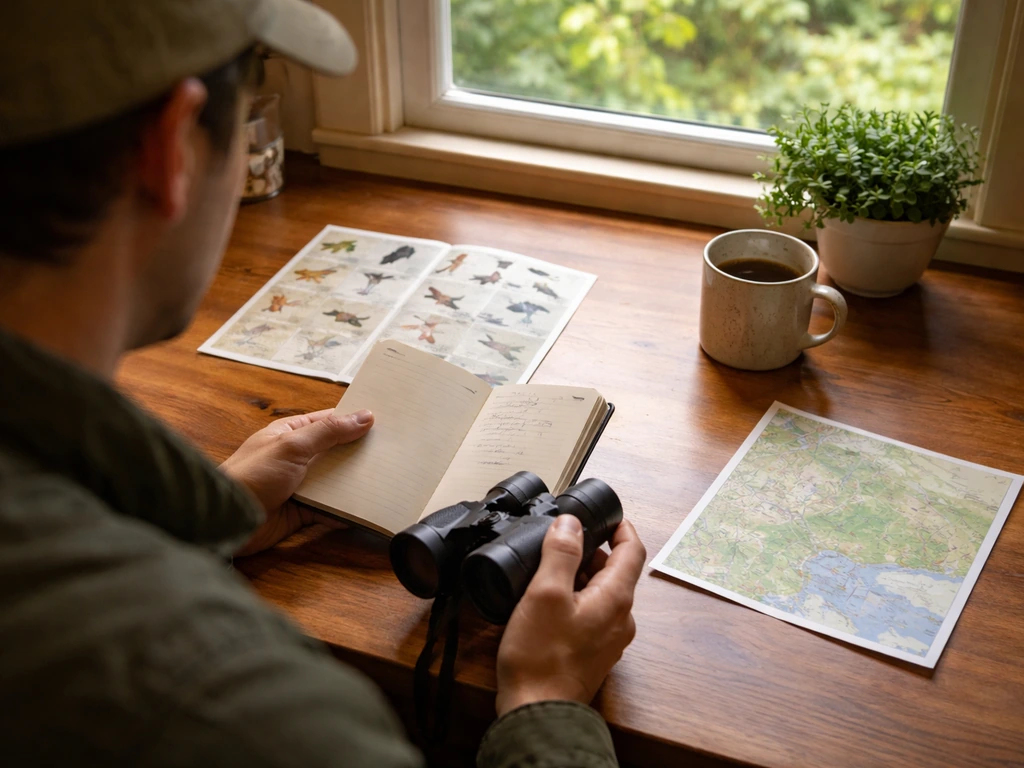 Birdwatcher at home on a kitchen table with binoculars and a small notebook beside a simple bird map.