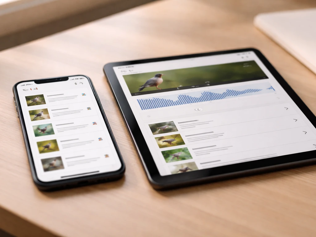 Smartphone and tablet side by side on a wooden desk showing bird-learning and saved playback views.