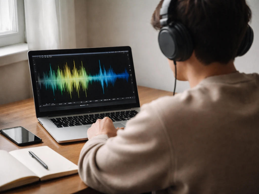 Person wearing headphones reviews a spectrogram on a laptop during short daily audio practice.