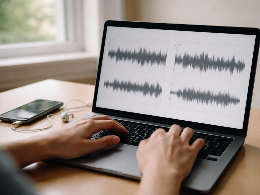 Laptop on desk with blurred dual audio displays and hands comparing two sound segments in a study room.