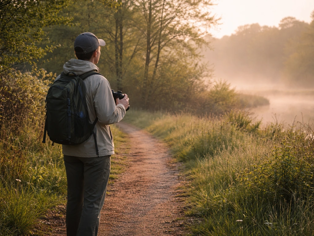 Beginner bird watcher at dawn on a quiet trail, holding binoculars and scanning a tree-and-pond habitat.