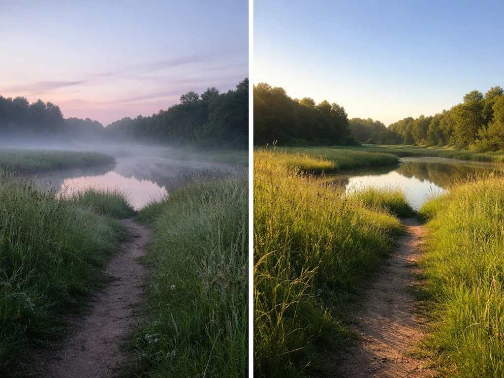 Side-by-side dawn vs mid-morning meadow and pond edge landscape with shifting light for bird walks