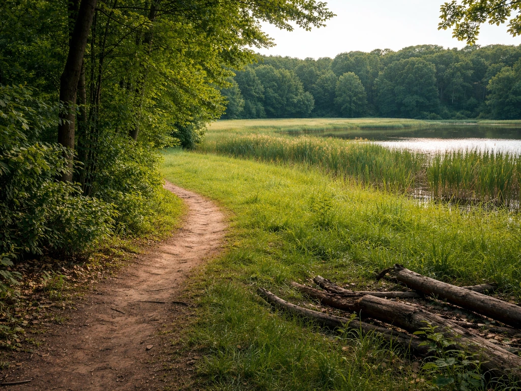 Trail view showing edge habitat where woodline meets an open pond shoreline with reeds