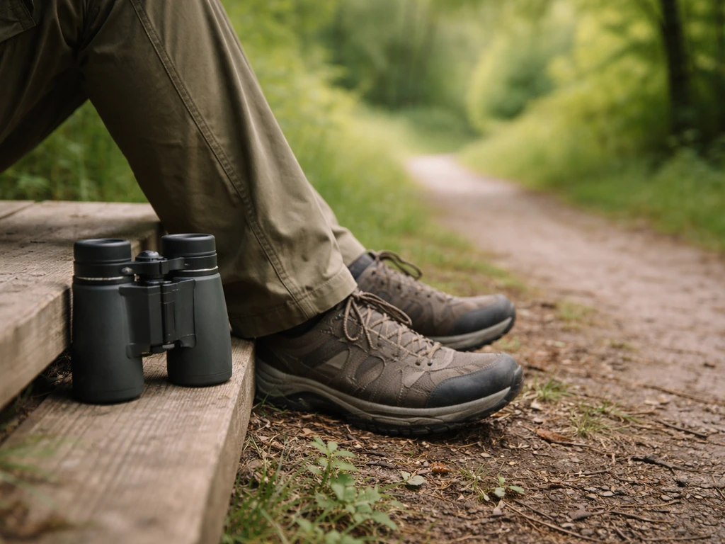 Muted hiking outfit and comfortable shoes beside binoculars on a quiet trail bench