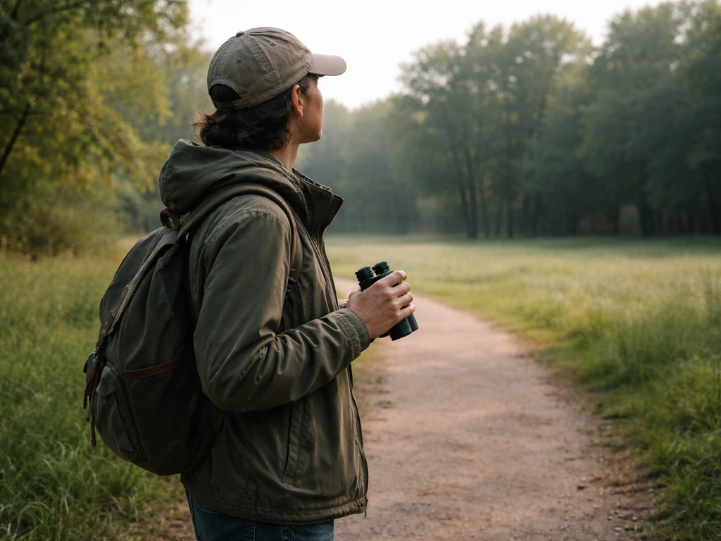 Birdwatcher in a park stops, turns left and right, listening for birds.