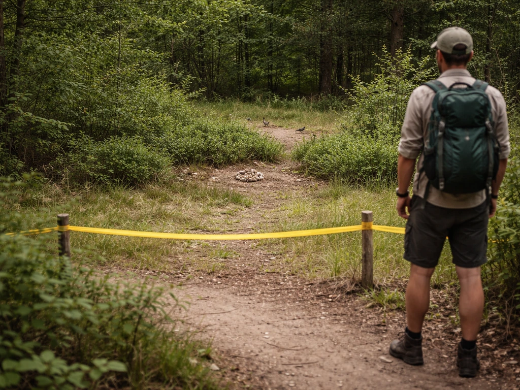 Hiker on a marked trail beside a visible nesting area barrier, staying back from alarm-calling birds
