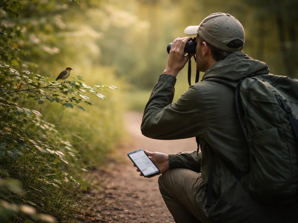 Anonymous birder kneeling in nature with binoculars, observing a small songbird while checking notes on a phone.