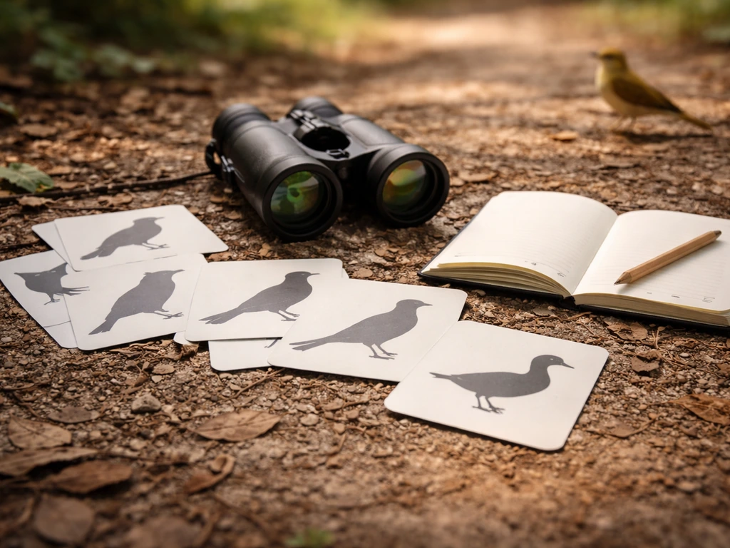 Binoculars, blank notebook, and bird silhouette cards beside an out-of-focus bird in natural light