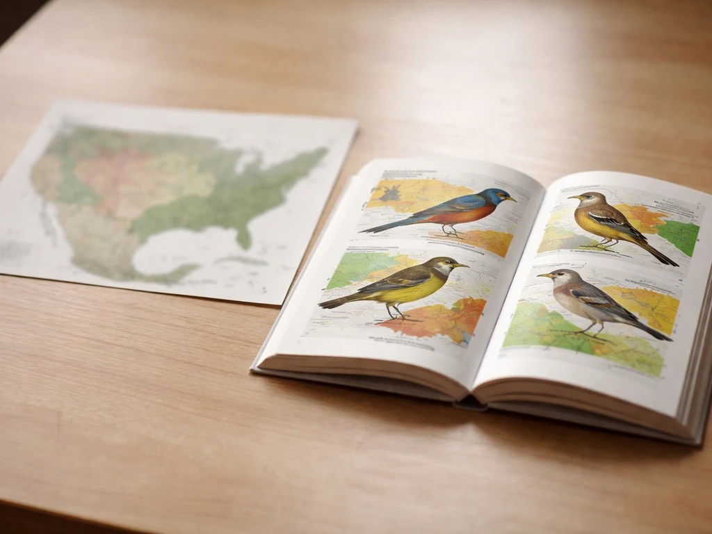 Side-by-side photo of a blurred bird range map and an open seasonal field guide page.
