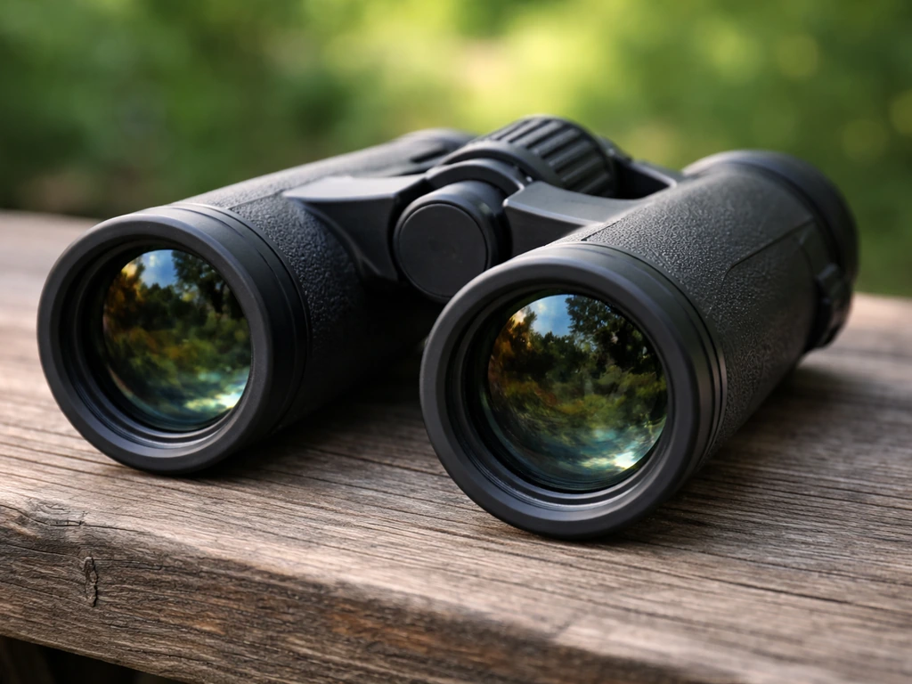 Close-up of an 8x42-style binocular showing objective lenses and eyepieces in soft natural light.