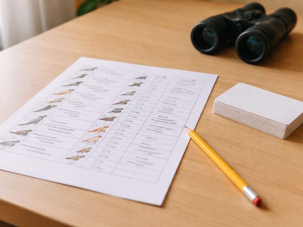 Minimal desk scene with a small checklist-style page and bird flashcards for a multi-week practice routine
