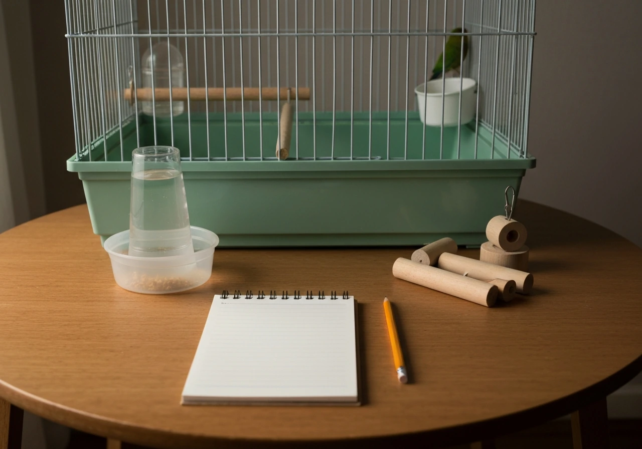 Clean bird cage setup on a table with water dish, safe toys, and an empty notepad beside it