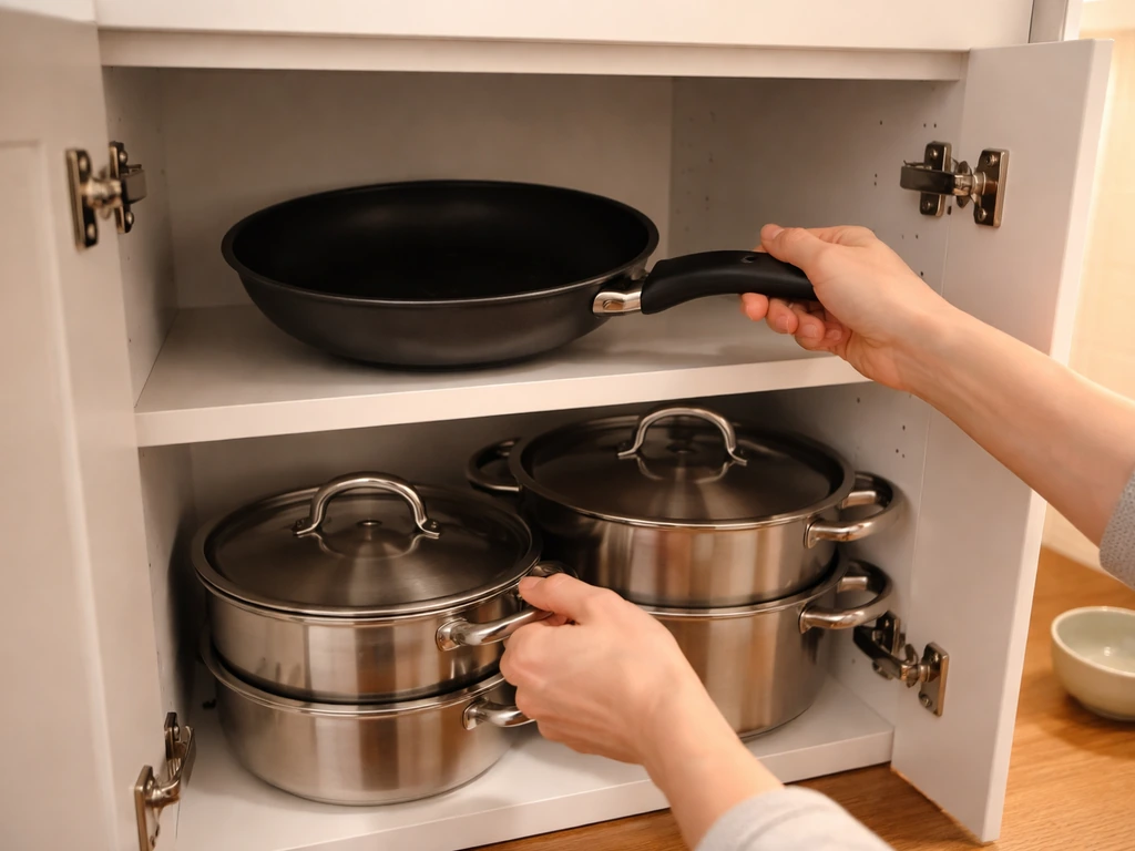 Hands storing a nonstick pan in a closed cabinet while a small water bowl sits nearby.