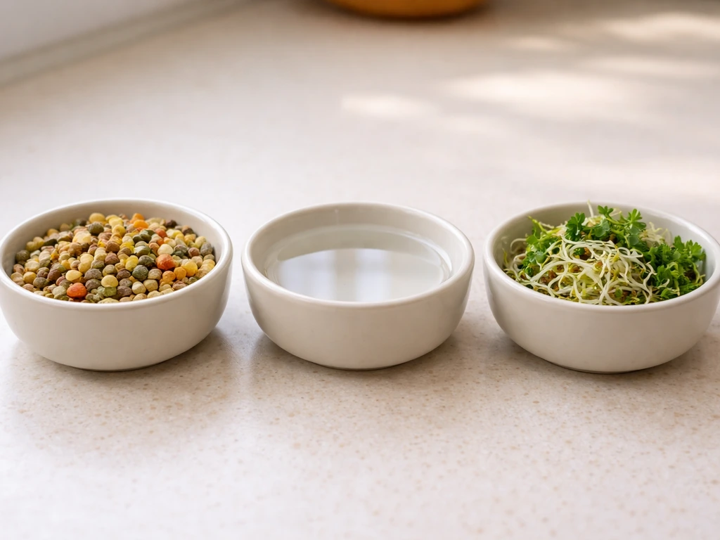 Portioned bird staple mix, fresh water dish, and small healthy treat sprouts on a clean countertop