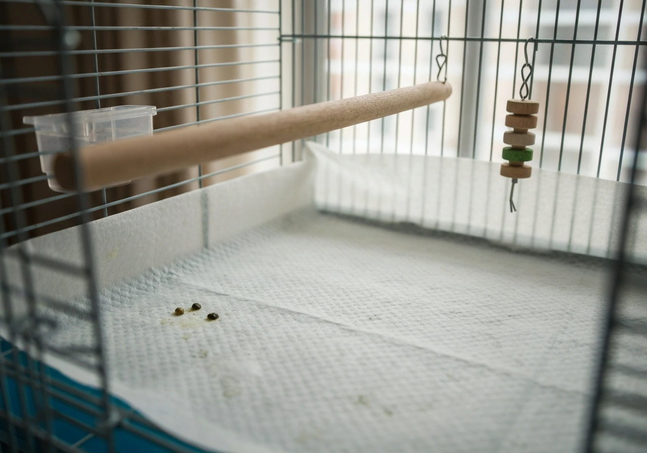 Bird cage with fresh liner, visible droppings for monitoring, and perches and toys neatly placed