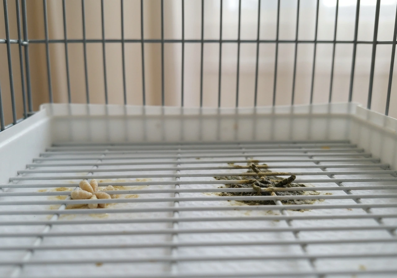 Close-up of a clean bird cage base liner with normal droppings contrasted by slightly darker droppings, no bird visible