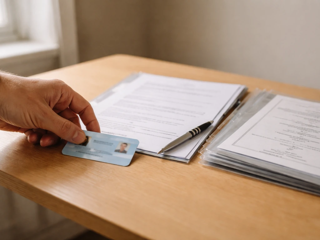 Documents, an age ID card, and a pen laid out on a table for a bird licence application.