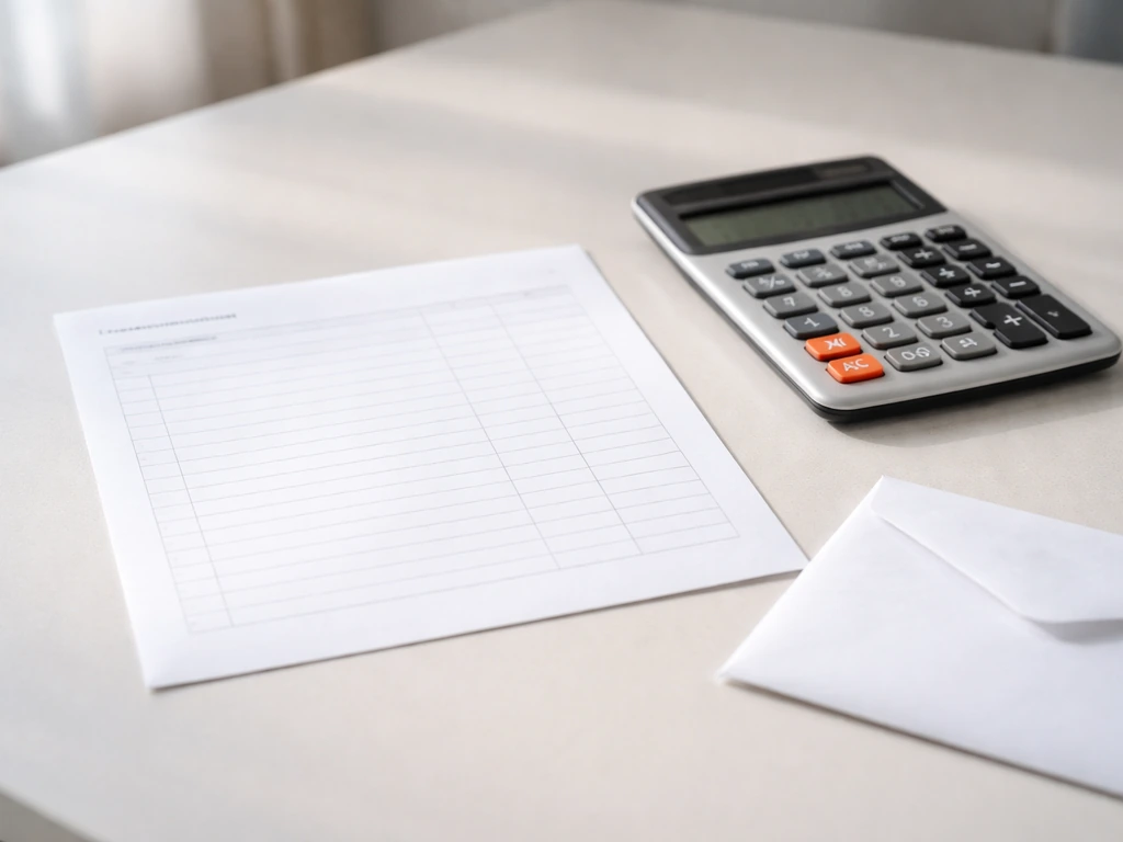 Close-up of a fees summary sheet beside a calculator and envelope, suggesting planning for permits.
