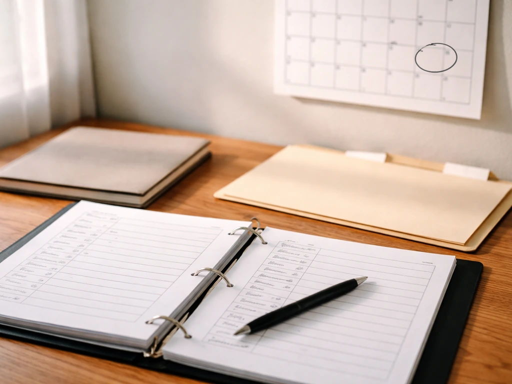 Desk with compliance binder and logbook beside a renewal calendar, captured in natural light.