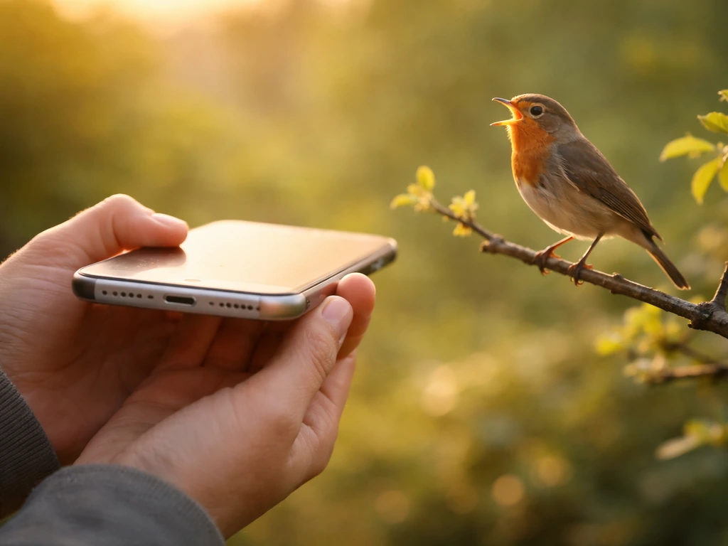 Person holding an iPhone near a singing bird outdoors, with mic edge aimed toward the bird