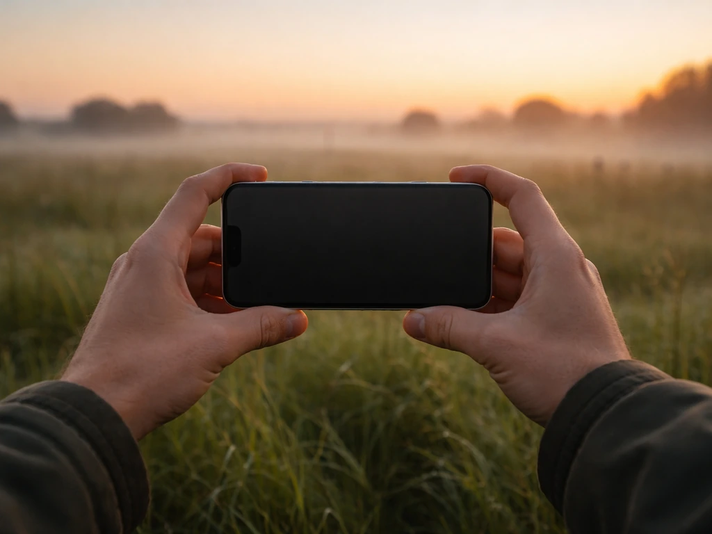 Early dawn in a quiet field with soft sunrise light and an iPhone held ready for recording birds