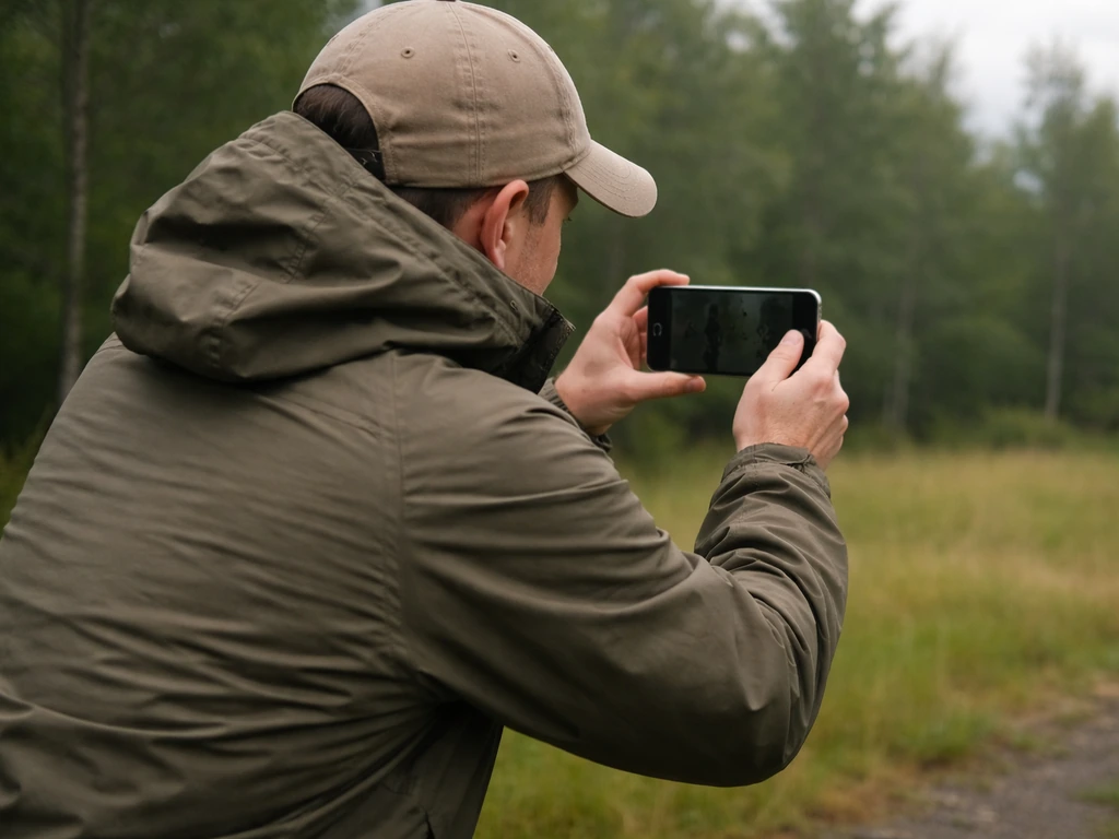 Person holding an iPhone outdoors with their body blocking wind near a quiet natural area.