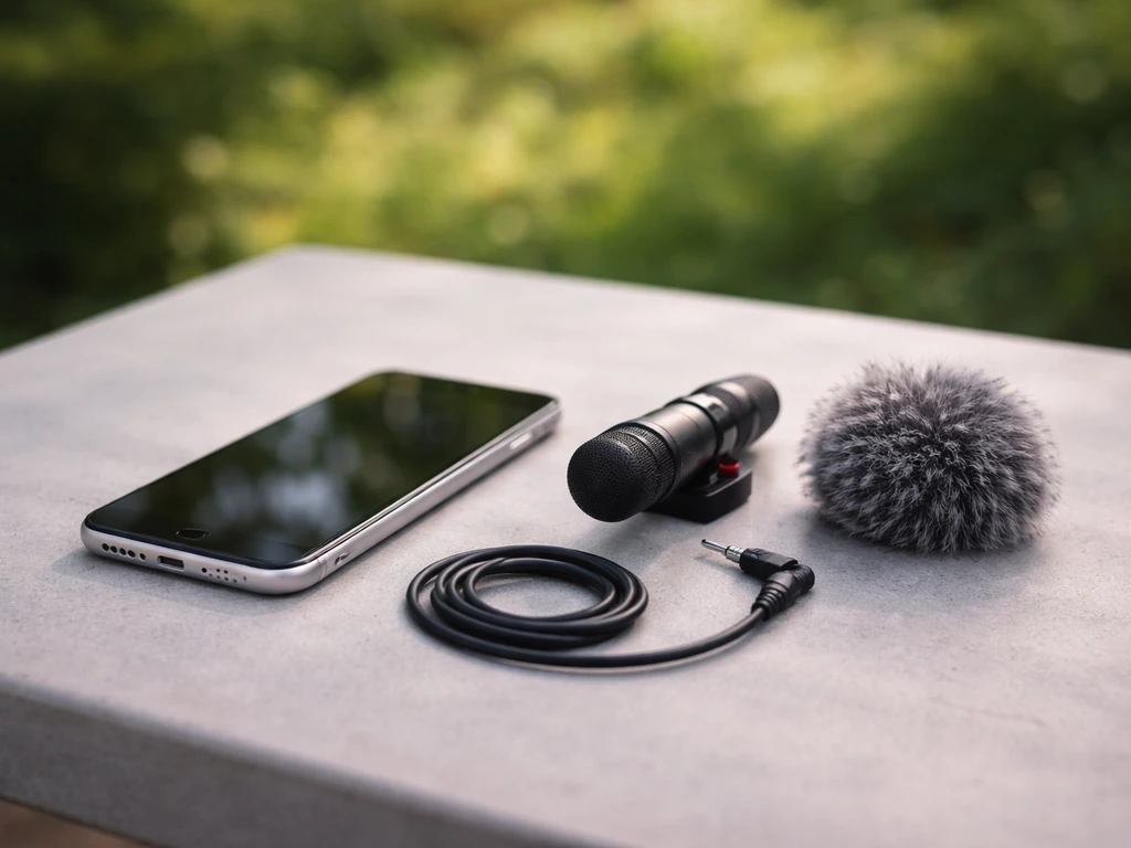 iPhone with a compact external mic and wind cover on a simple outdoor table for bird audio.
