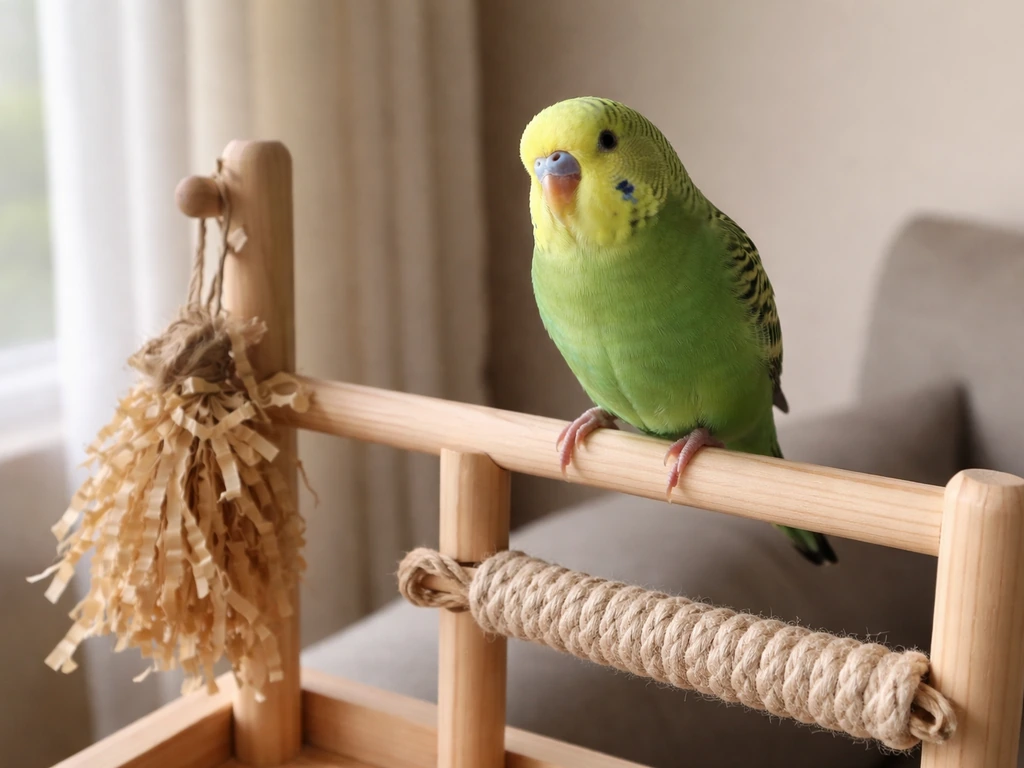 Calm green parakeet perched on a play stand next to a small training perch toy at home