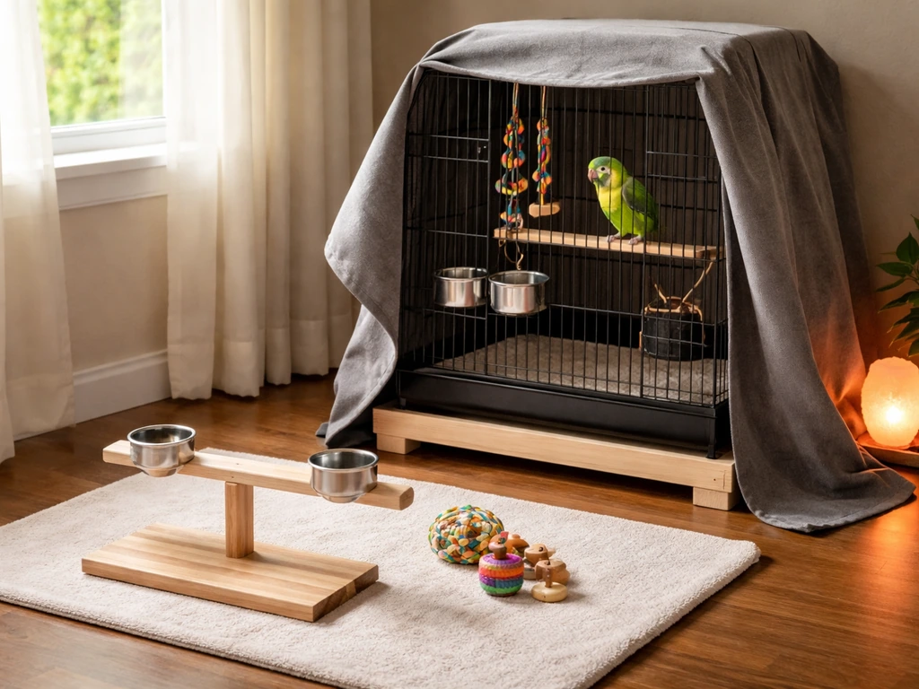 Close-up of a calm parrot cage in a quiet corner with a cover and a simple nearby play area.
