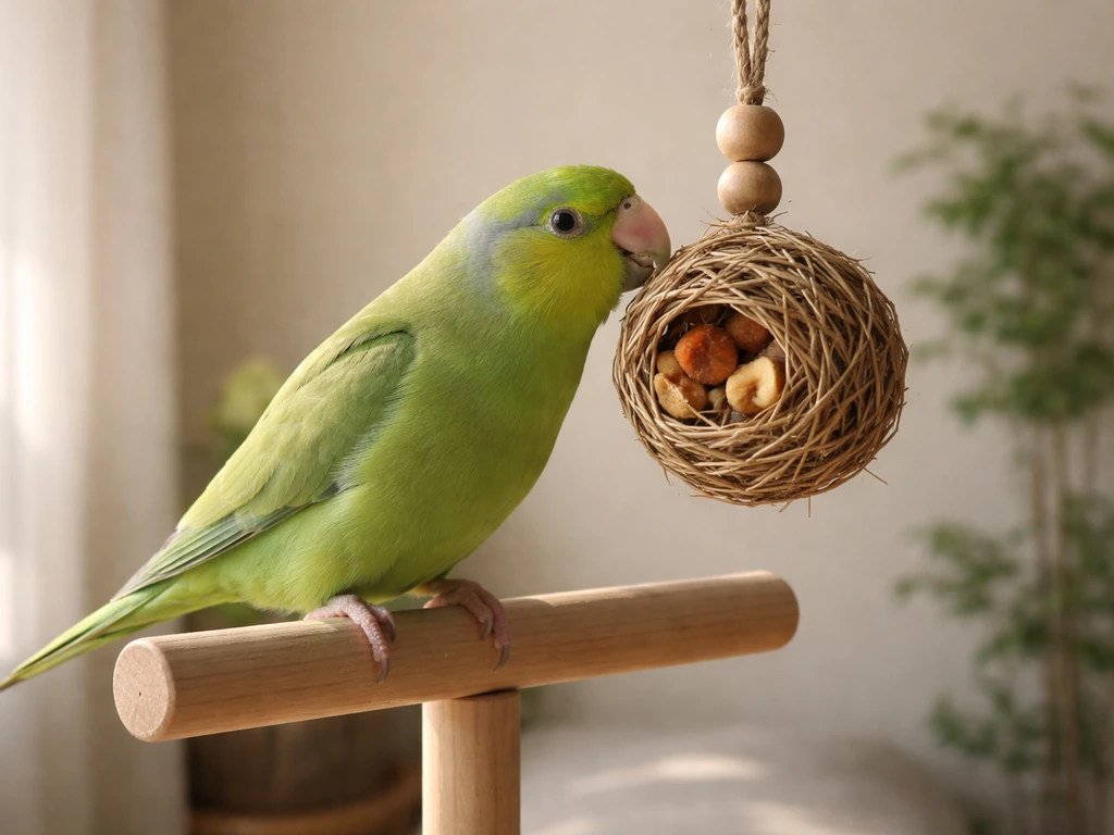 Green parakeet calmly foraging and interacting with a hanging toy in soft morning light.