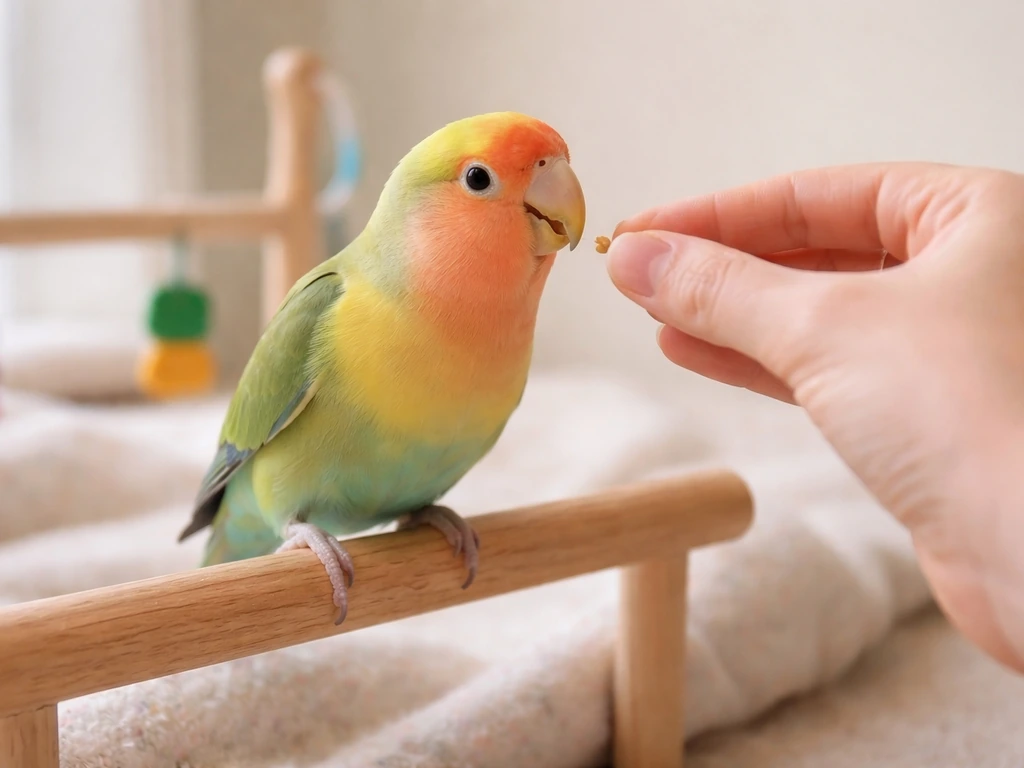 Small pet bird perched in a quiet play area, receiving a treat as its training cue sound plays