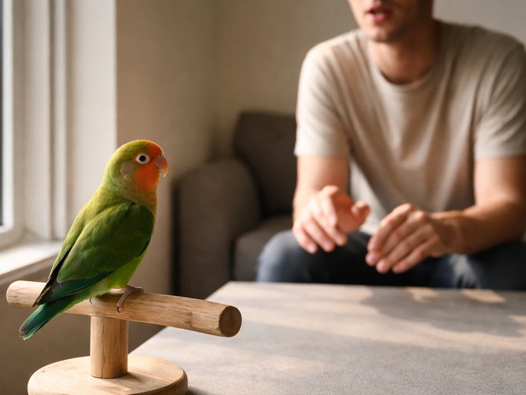 Parrot perched by a window while an out-of-focus person gently answers from the other side of the room.