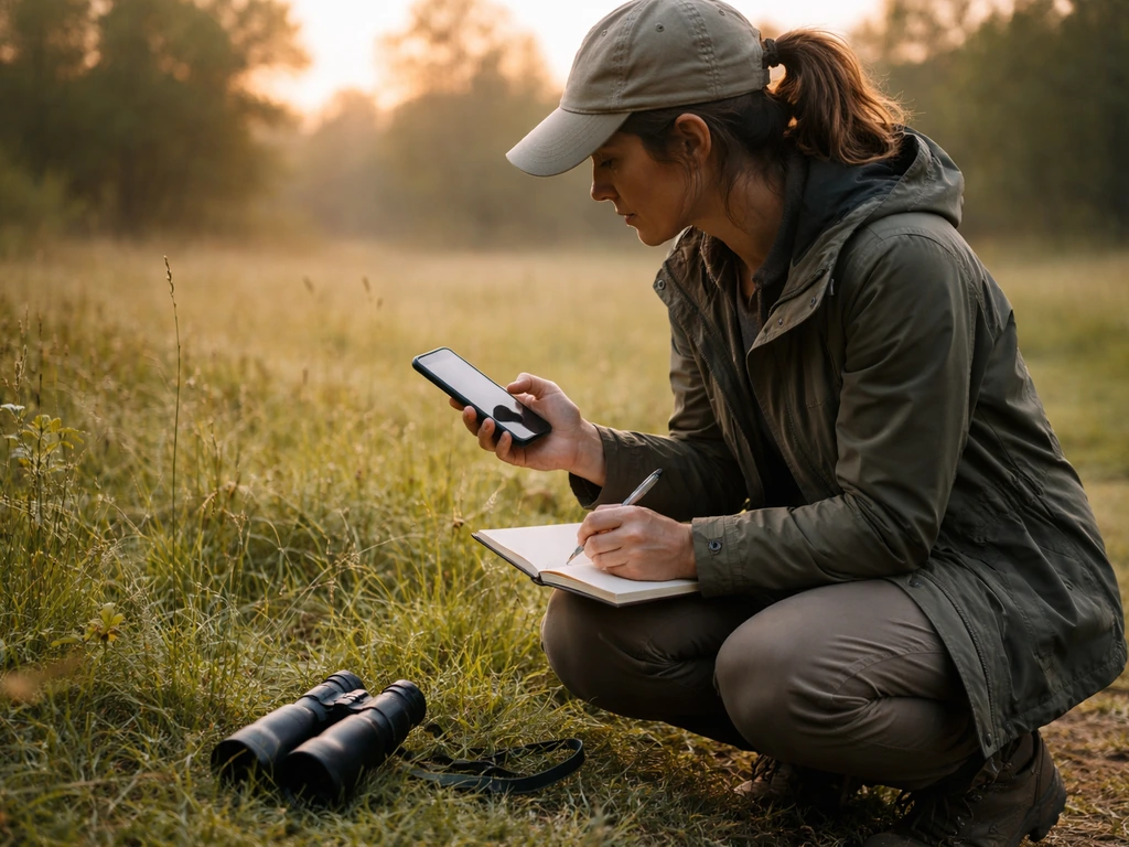Birder kneeling in a grassy field, using a phone and writing notes in a small notebook.