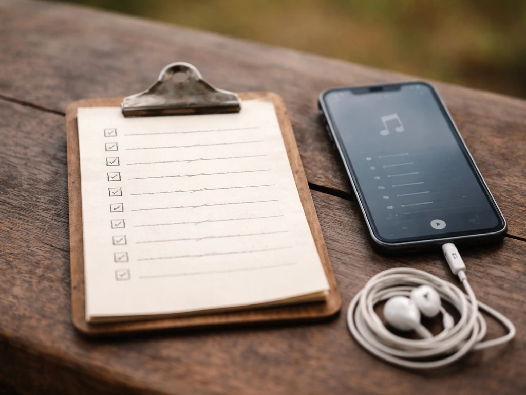Close-up of a handwritten target list with checkboxes beside a smartphone playing bird call audio.