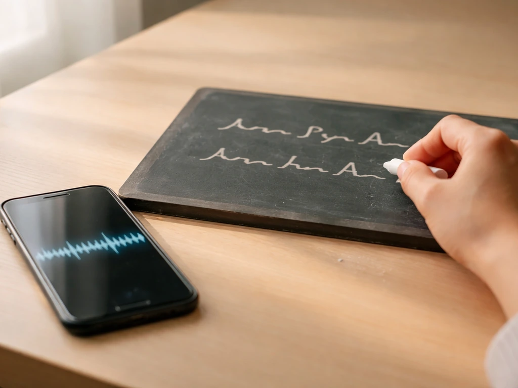 Smartphone shows paused bird call waveform while hands write a phonetic mnemonic on a chalkboard.