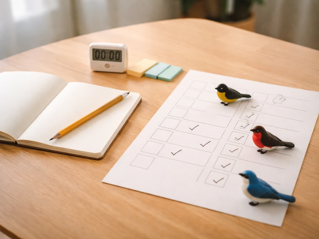 Minimal table scene with an open notebook, timer, and checkmarked week grid for spaced practice.