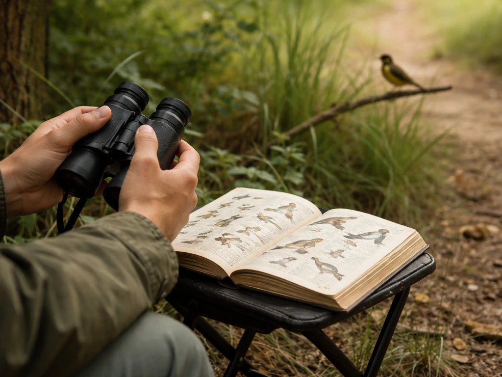 Hands holding binoculars over an open field guide with a wild bird perched in the background.