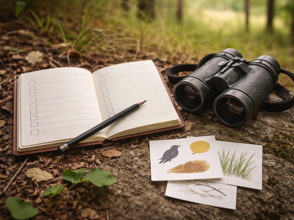 Close-up of a field notebook with handwritten bird field marks and a pair of binoculars outdoors