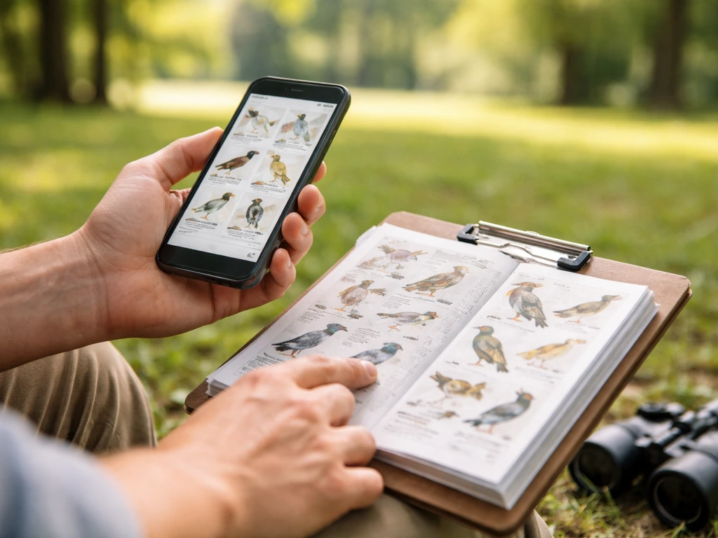 Person outdoors comparing a birding app on a smartphone with an open field guide to verify an ID.