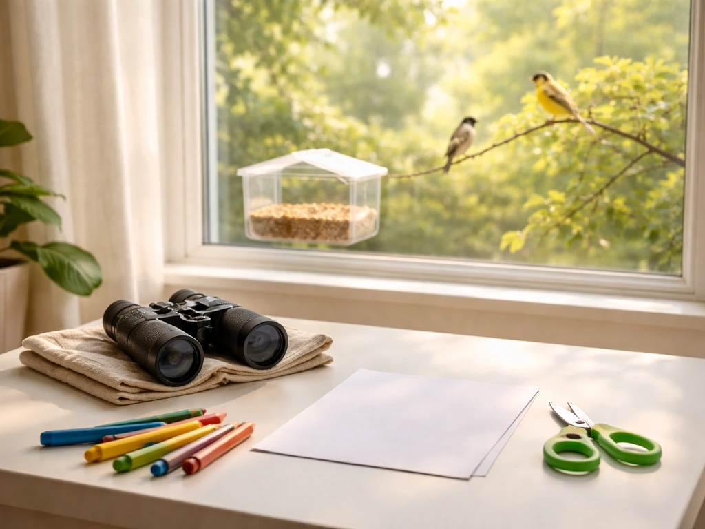 Cozy window bird-watching setup with a small craft-ready table and bright daylight