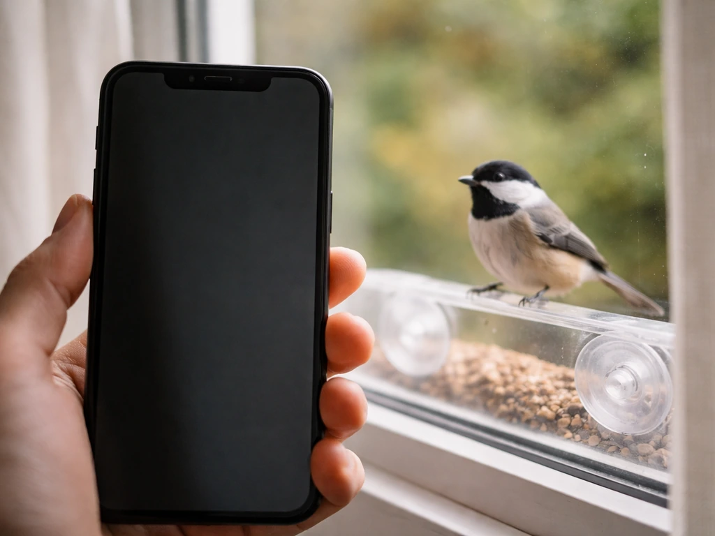 Close-up phone beside a window feeder with a small bird perched outside.