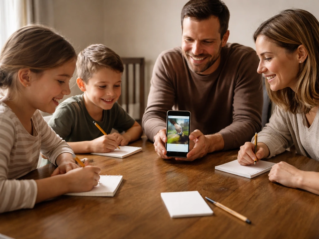 Family at a dining table playing a bird-call quiz on a phone, writing guesses together.