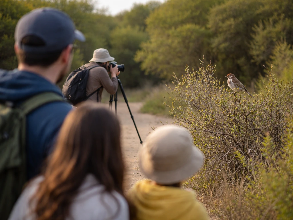 Family and photographer observe a wild bird from a respectful distance near brush, no nest disturbance.