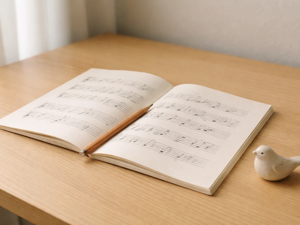 Open sheet-music notebook on a wooden desk with a small bird figurine cue for learning.