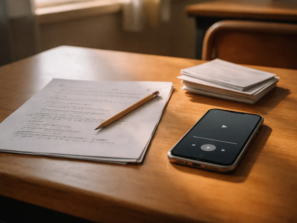 Close-up of lyric cards and a phone on a wooden desk for playing a folk song in class