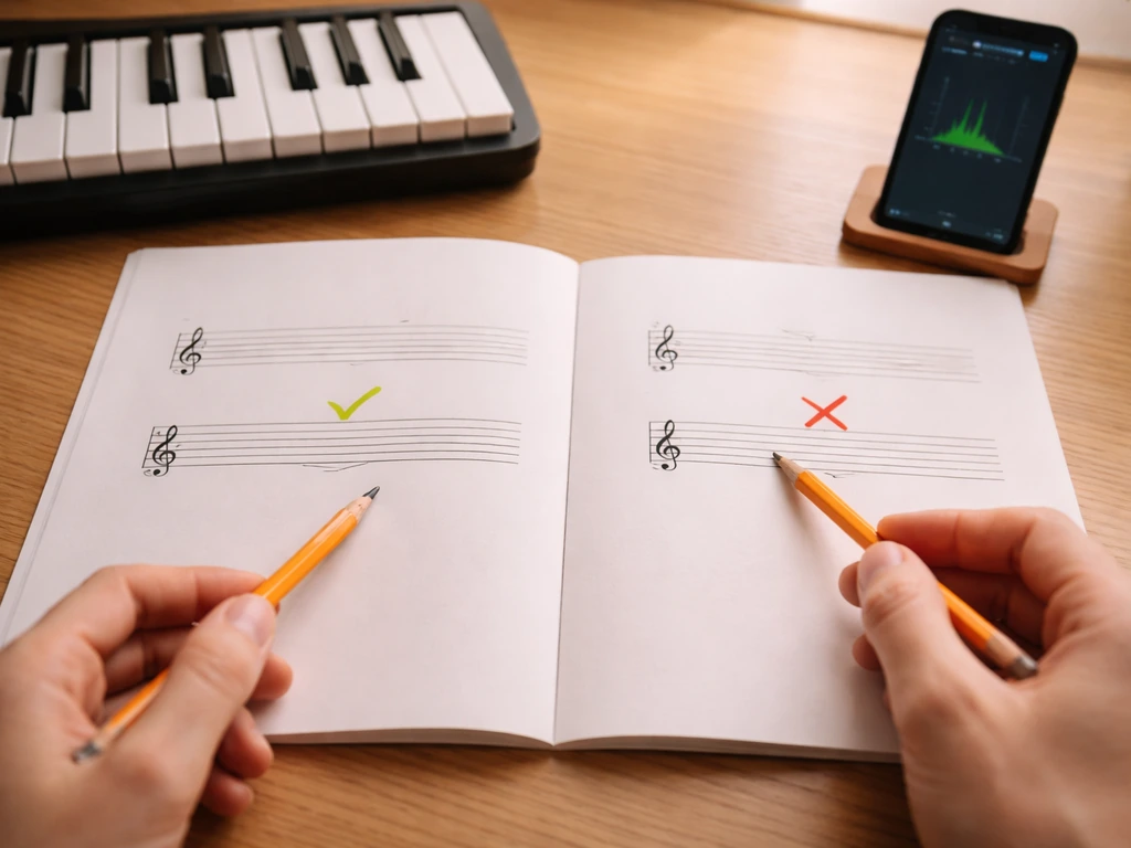 Desk practice comparison: two marked sheet pages with a phone tuner indicator, keyboard nearby.