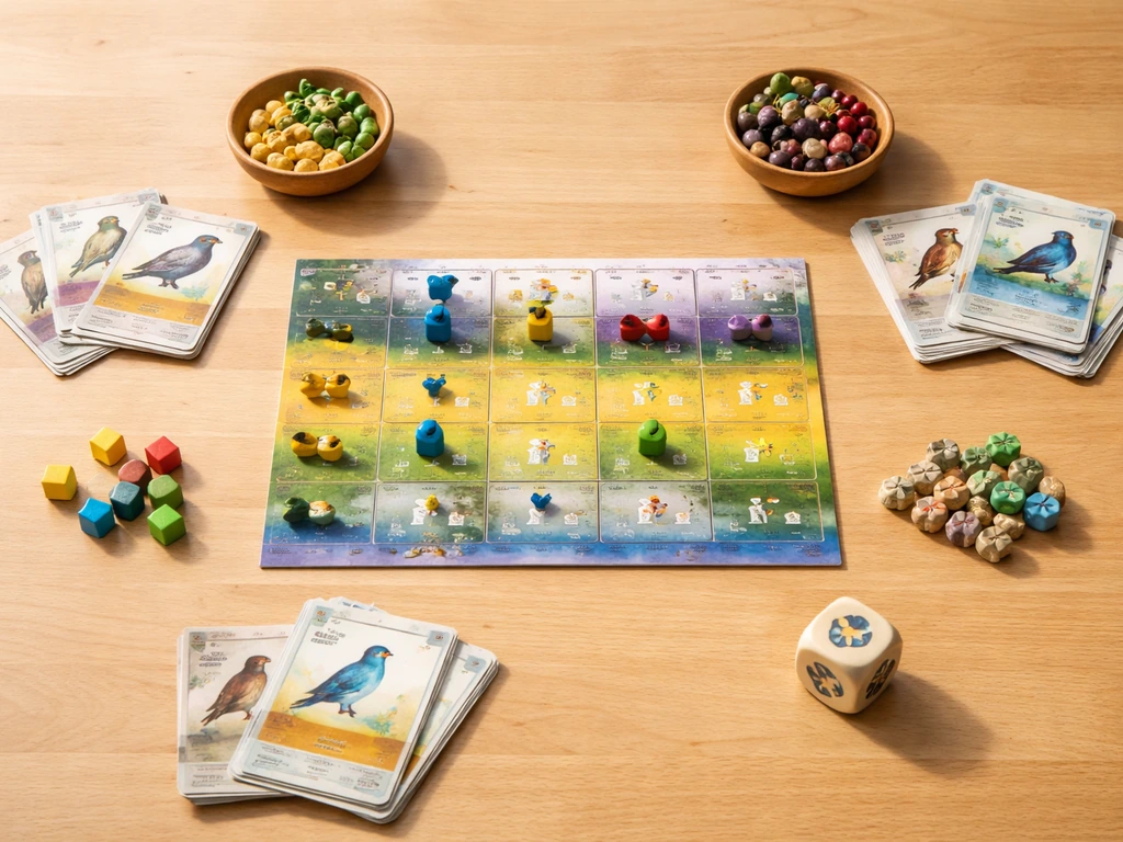 Top-down view of board, wooden pieces, bird cards, feed tokens, and a sticker-applied die on a table.