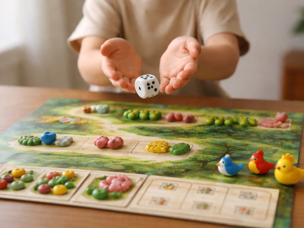 Child’s hand rolling a die over a board game with small feed tokens on a table
