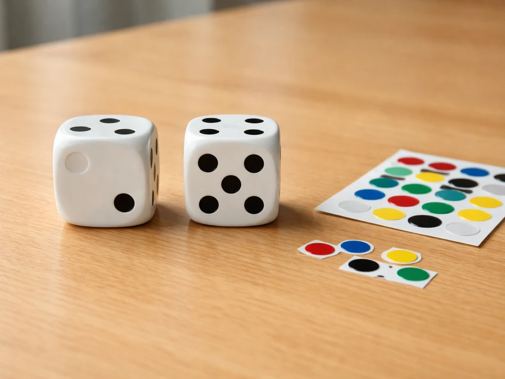 Two game dice on a table: one missing stickers, the other correctly stickered with a sticker sheet nearby.