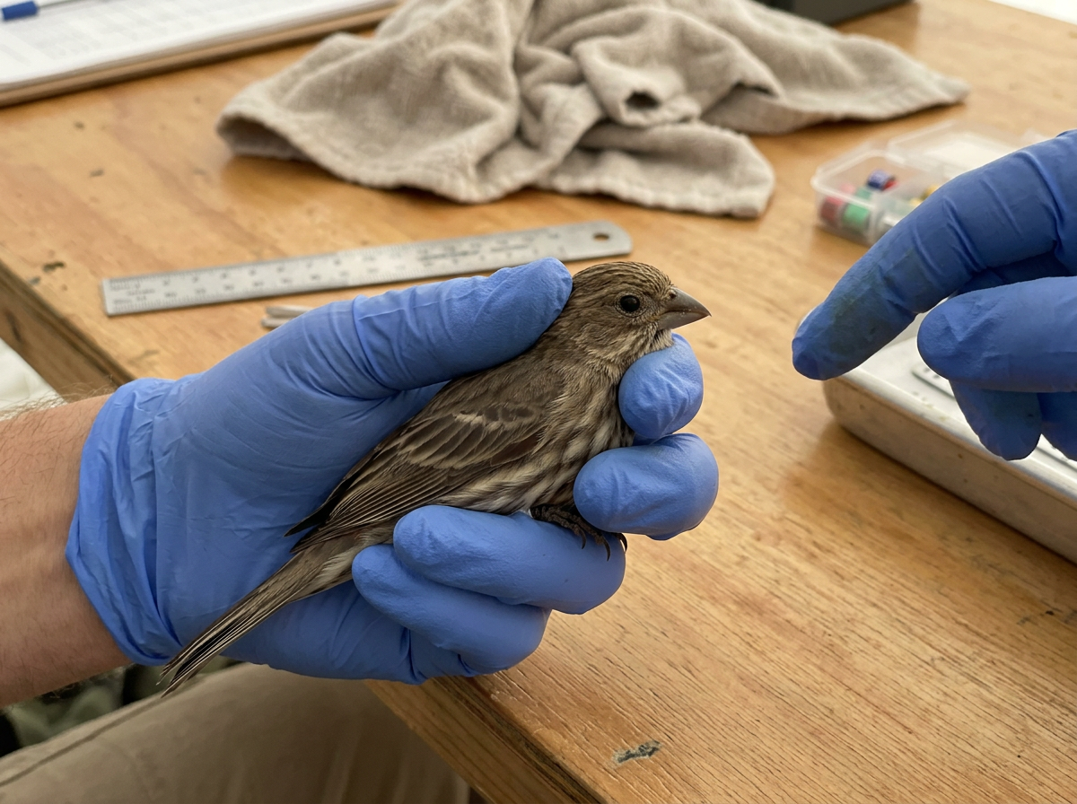 Handling wild bird safely with minimal restraint before leg banding